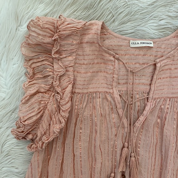 Ulla Johnson Blush Pink Metallic Stripe Ruffle Sleeve Tie Neck Cora Top Blouse - Picture 4 of 14